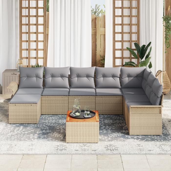 VidaXL Ensemble de Canapé de Jardin 9 Pièces avec Coussins Beige Poly Rattan Acacia 3347364