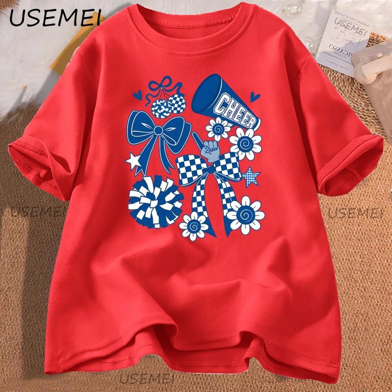 Preppy Cheerleader Coquette Tshirt Bleu Cheer Mom T Shirt Cheer Season Cute Bow Graphic T Shirts Crew Neck Casual Top Clothes S