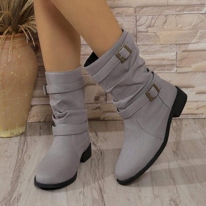 Large Size Buckle Belt Denim Buckle Belt Fashion Boots Autumn and Winter New Square Heel Round Head Going Out Boots