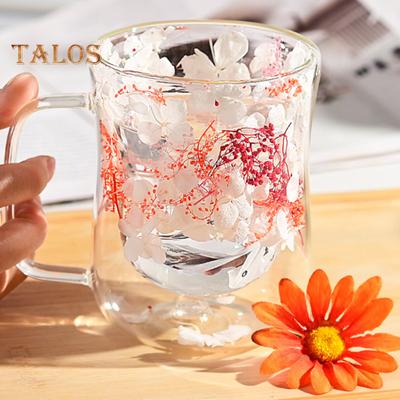 Tazze in vetro a doppia parete da 220/300 ml con manico isolato Tazze da caffè in vetro trasparente Tazze da bere con motivo floreale resistenti al calore per il tè
