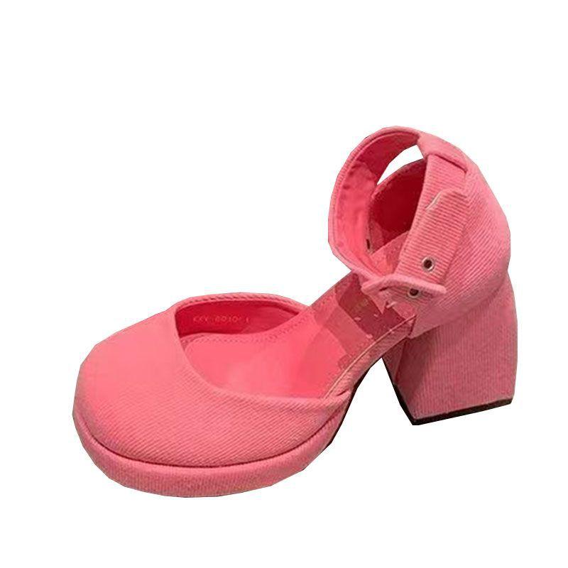 Small high heel thick heel Mary Jane shoes women's waterproof table hollow bag head sandals spring new pink