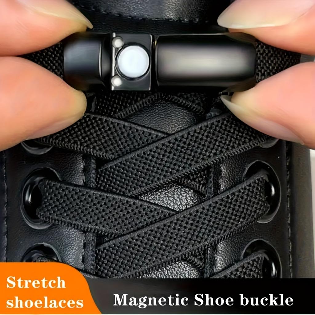 1-Pair QKC Magnetic No-Tie Elastic Shoelaces - One-Hand Fastening Locking Laces with Strong Magnetic Closure, Black/Gray.