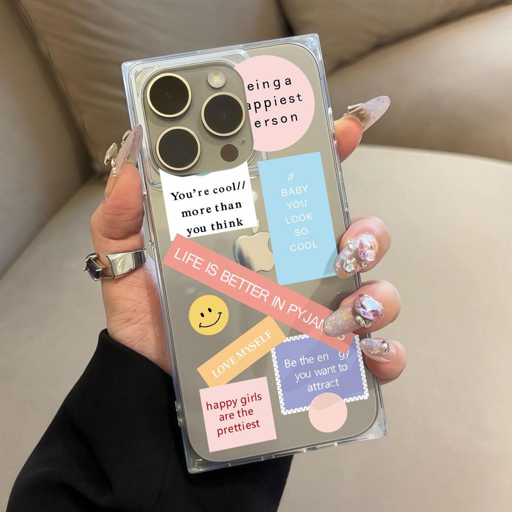 Clear Square Back Tube Case Protection For iPhone 15 Plus 12 16 ProMax 13 14 Pro Max 11 Anti-Oxygen,Smile Face in English Pattern Casing