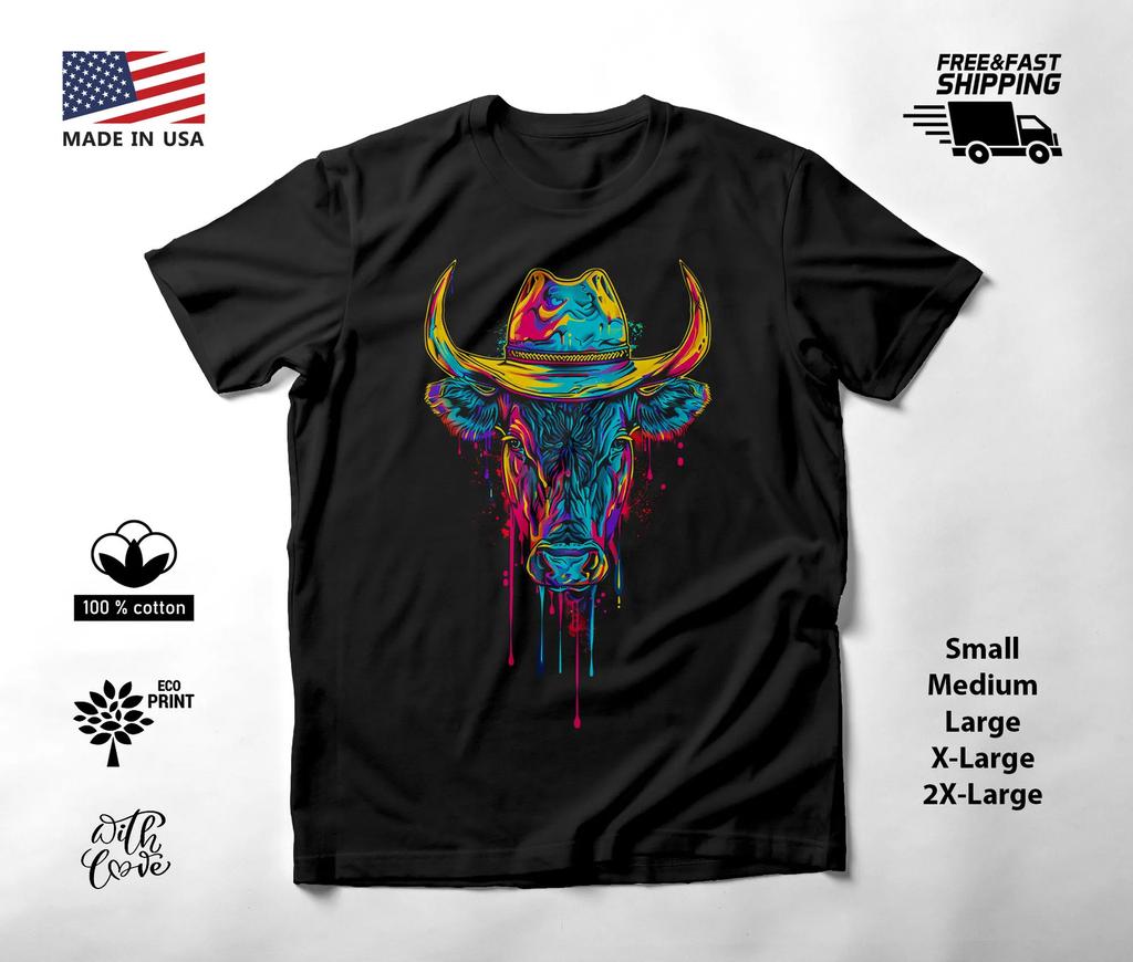 Cowboy Bull Neon Graphic T-Shirt Black Unisex S-2XL