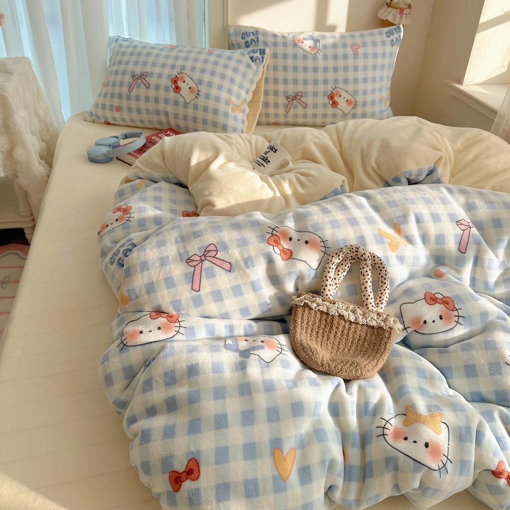 Cartoon Cute Double-Sided Fleece Thickened Milk Fleece Four-Piece Set, Student Dormitory Three-Piece Set, Bedding