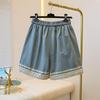 Plus Size Women's Lace Trim Denim Shorts - Loose Wide Leg Casual Capris