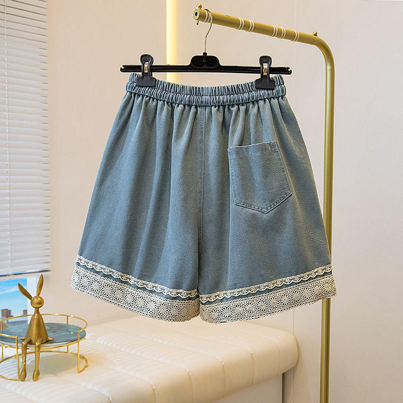 Plus Size Women's Lace Trim Denim Shorts - Loose Wide Leg Casual Capris