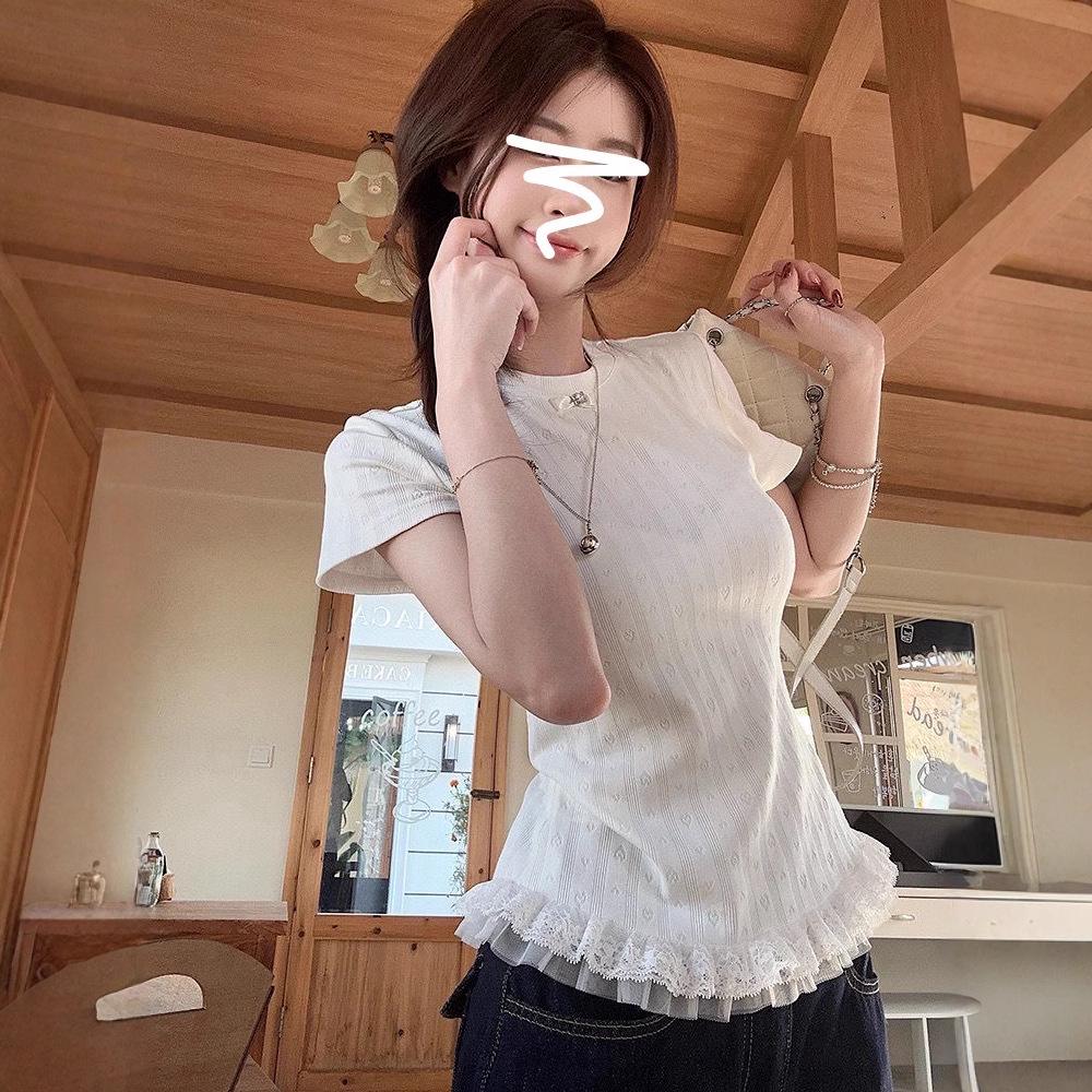 

Женская футболка с коротким рукавом Милая жаккардовая приталенная с кружевной отделкой 2025 M белый