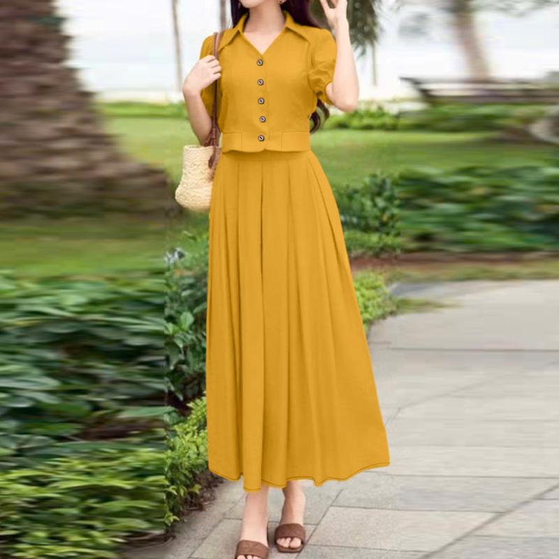 ZANZEA Blusa a Maniche Corte da Donna e Gonne Lunghe Estive Set Completi Due Pezzi
