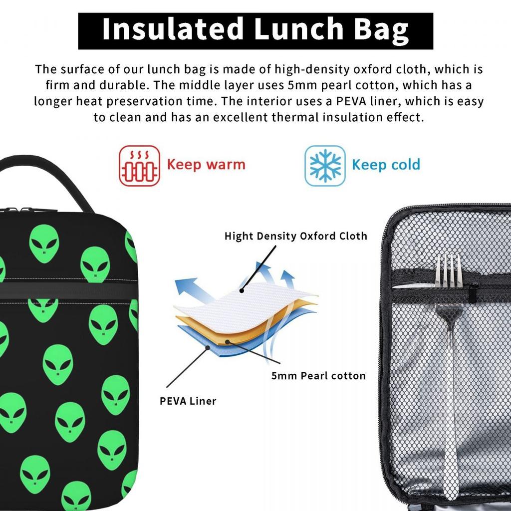 Grünes Alien-Raumschiff-Muster Isolierte Lunchtasche für Kinder Schul-Kühltasche Thermische Lebensmittelbox Tragbare Lunchboxen Behälter