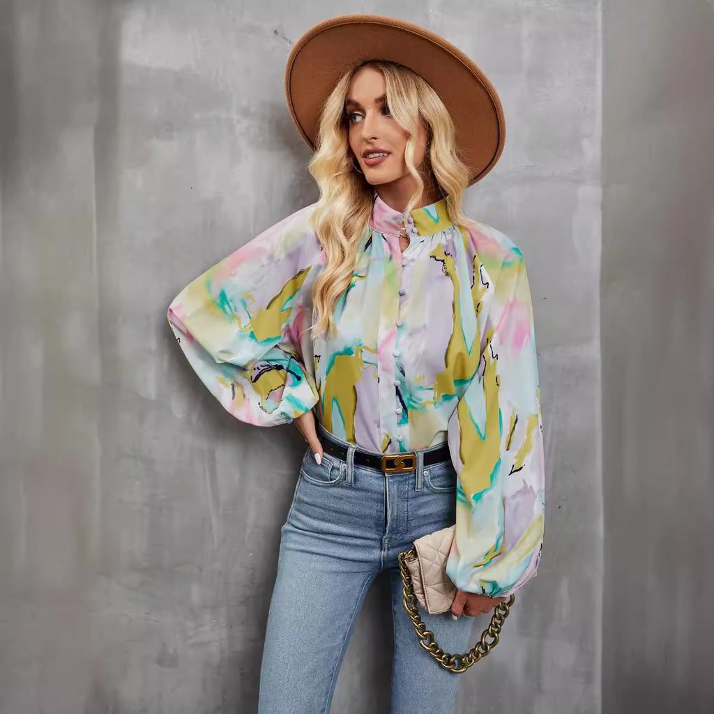 Camisa com estampa floral para mulheres, gola alta, manga comprida, camisa com botões, casual, moda outono, saia solta, respirável, leve e confortável