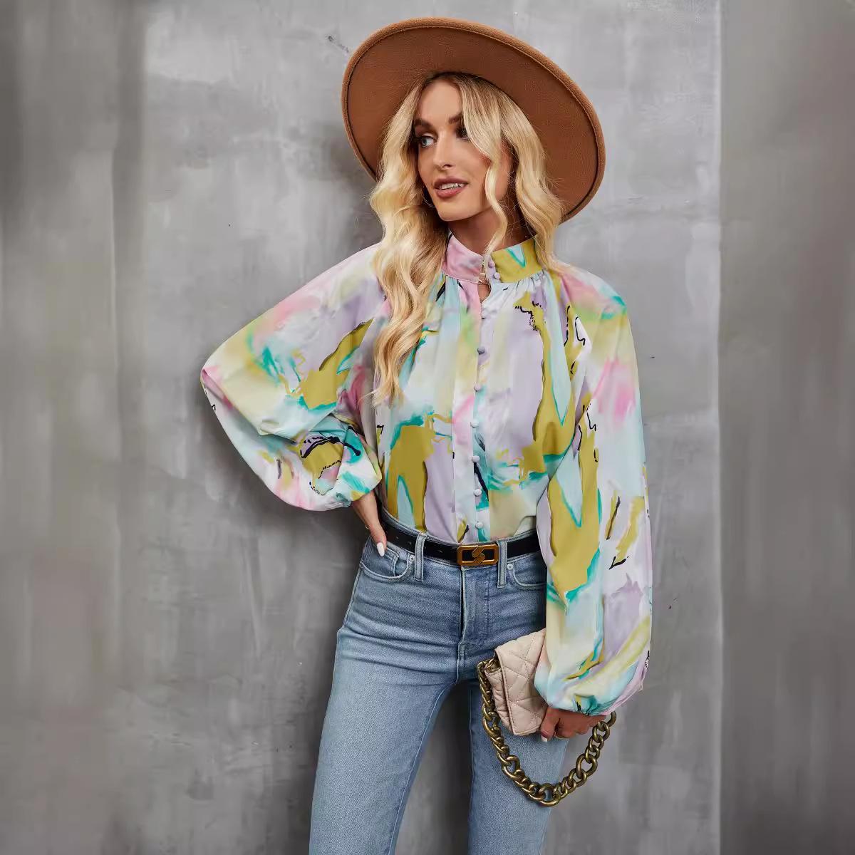 

Женская рубашка с цветочным принтом, рубашка на пуговицах с высоким воротником и длинным рукавом, повседневная модная свободная осенняя юбка, дышащий легкий удобный топ XL