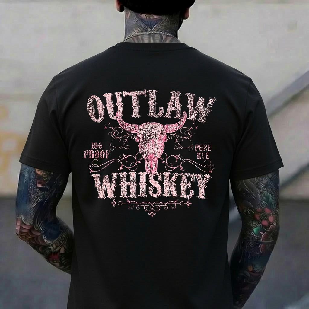 Outlaw Whiskey Bull Skull Western Country Vintage T-Shirt L