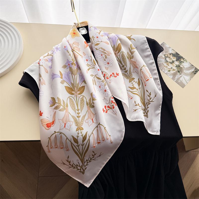 Women S Fresh Floral Printed Silk Like Square Scarf For Sun Protection 66*70cm