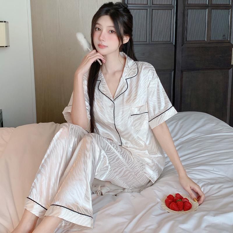 Solid Color High-End Summer Cold Silk Cool Pajamas Women'S Jacquard Zebra Pattern Light Luxury Loungewear Short-Sleeved Set