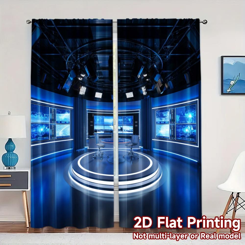 2pcs, 2D FLAT PRINTING Curtains (Without Rod) Studio Blue Popular Contemporary Curtains Versatile Polyester Curtains Decorations