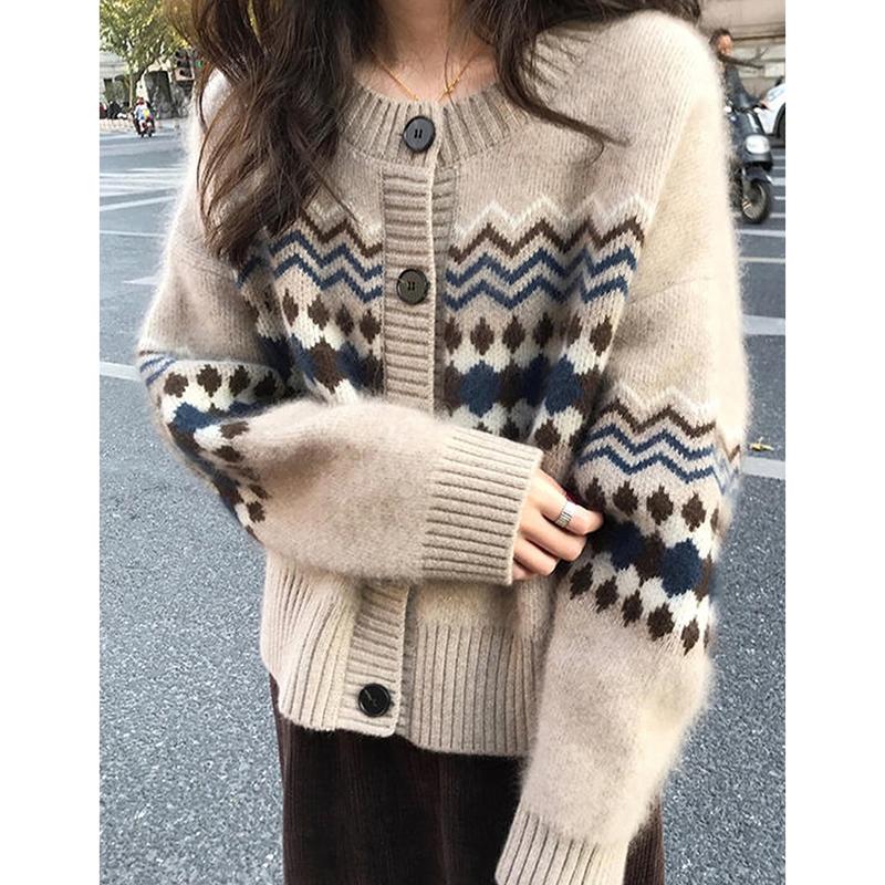New Autumn Long Sleeve Print Cashmere Sweater Women Fashion Round Neck Loose Knitted Cardigans Jacket Women Elegant Vintage Lady Cardigan Tops 25504