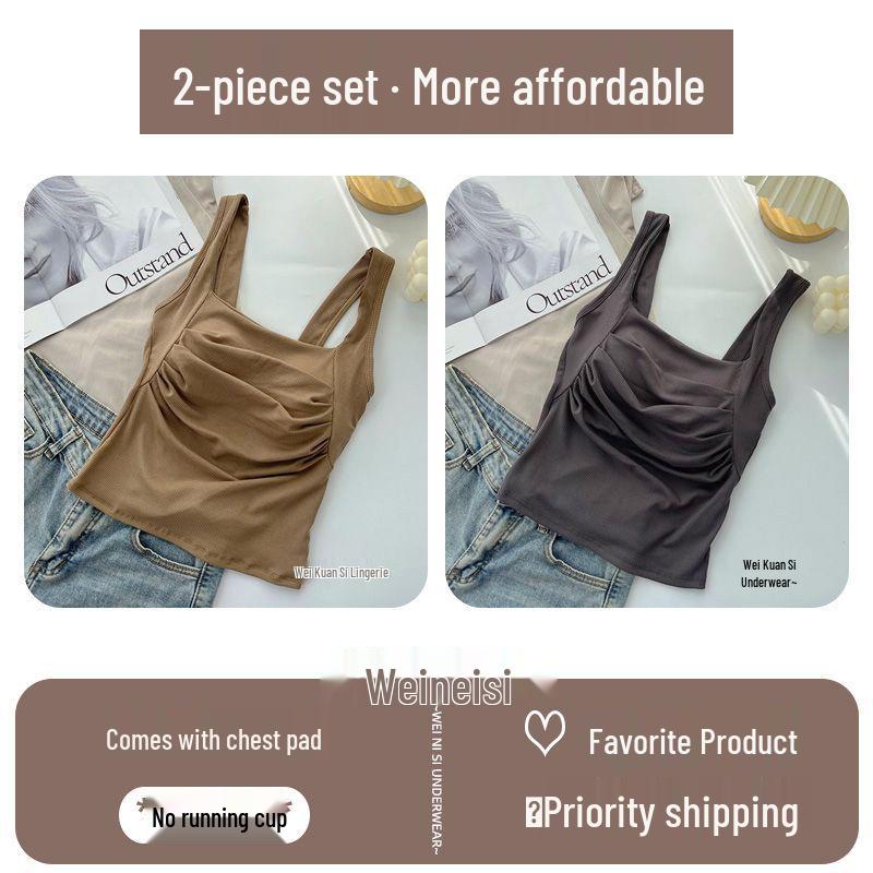 Korean Ruffled Spaghetti Strap Women's Tank with Chest Pads - Sexy Backless Slimming Base Layer