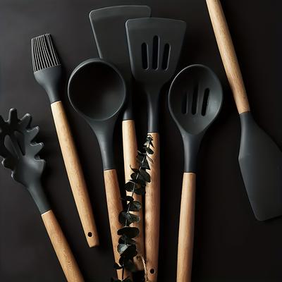 7-Piece Black Silicone Kitchen Utensil Set with Wooden Handles for Non-Stick Cookware