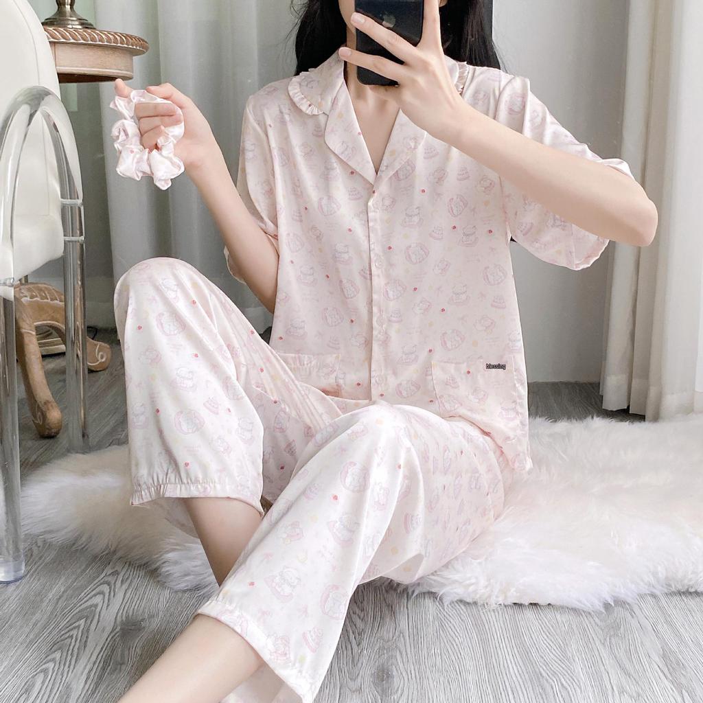 Women's Cute Cartoon Ice Silk Pajama Set - Short-Sleeved Three-Piece Summer Loungewear (TX0043)