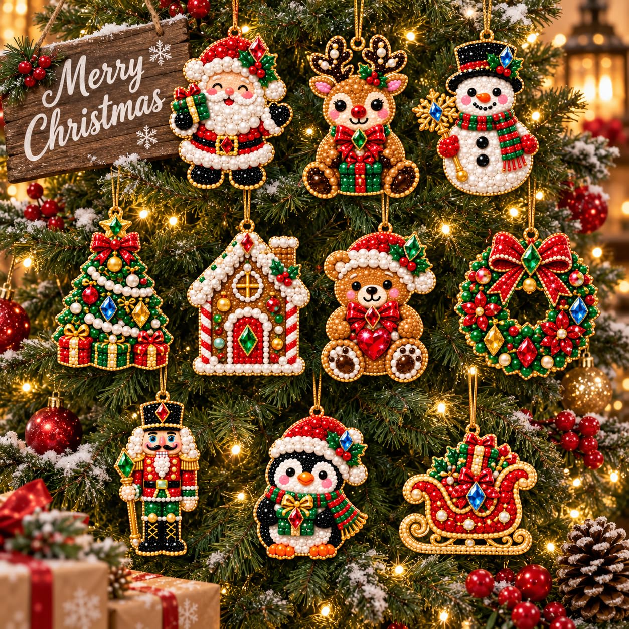 Houten Kerstversieringen, DIY Parel Kunst Kits voor Volwassenen, Kerst Diamant Kunst Kits voor Volwassenen, 10 Houten Ontwerpen met Hennep Touw