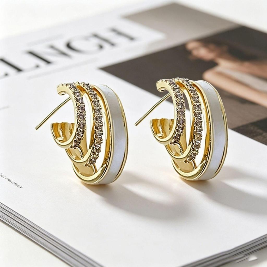 Yanbai Elegant Zirconia Multi-layer Ear Cuff with Geometric Arc Enamel Design Earrings