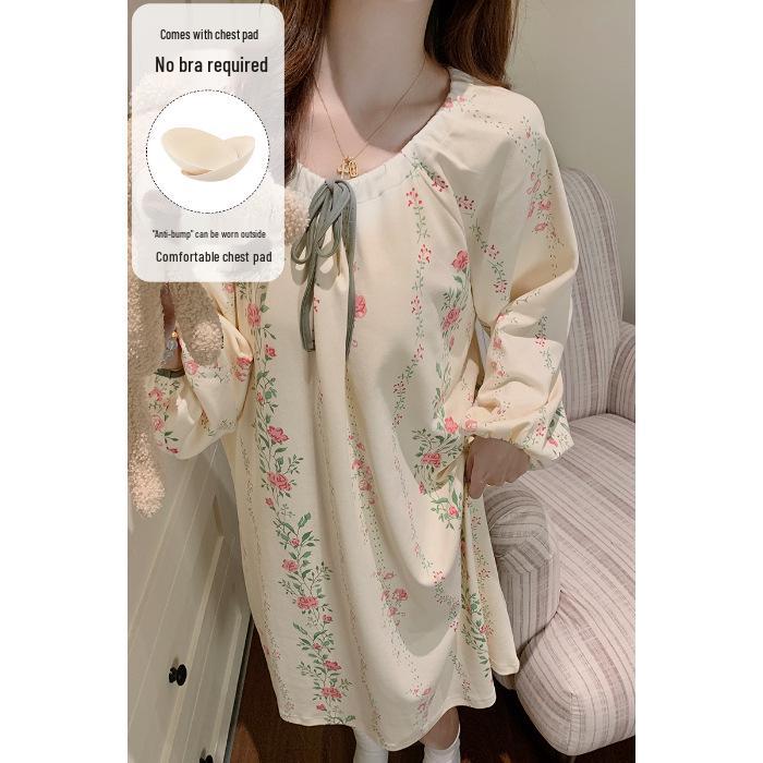 

Spring & Autumn Maternity Slimming Long Sleeve Round Neck Princess Nightdress with Breast Pads, Wearable Outdoors 2XL