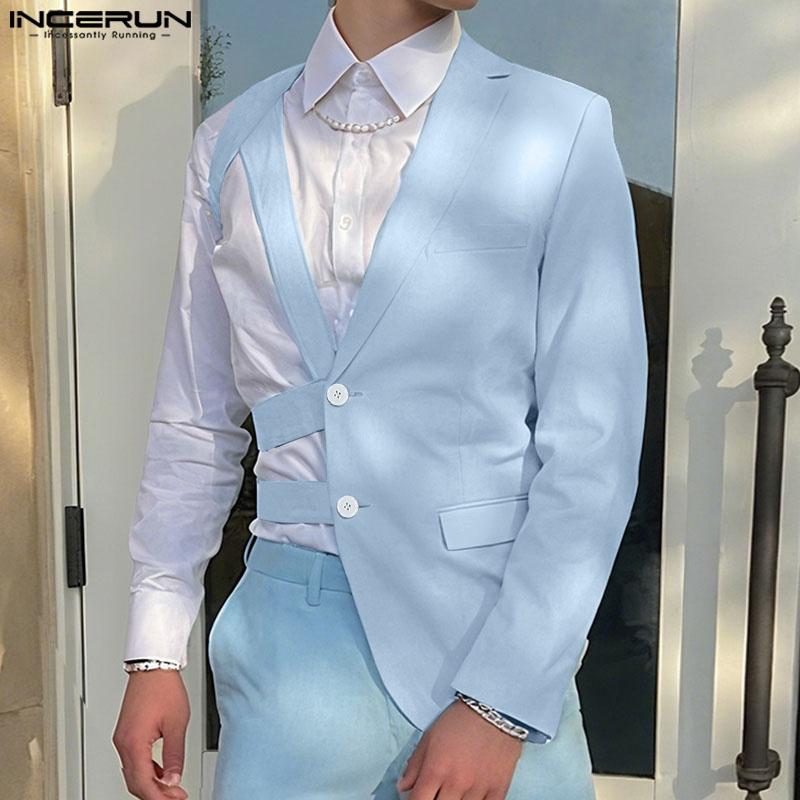 INCERUN Men One Shoulder Long Sleeve Button Cutout Bandage Blazer Irregular Coats