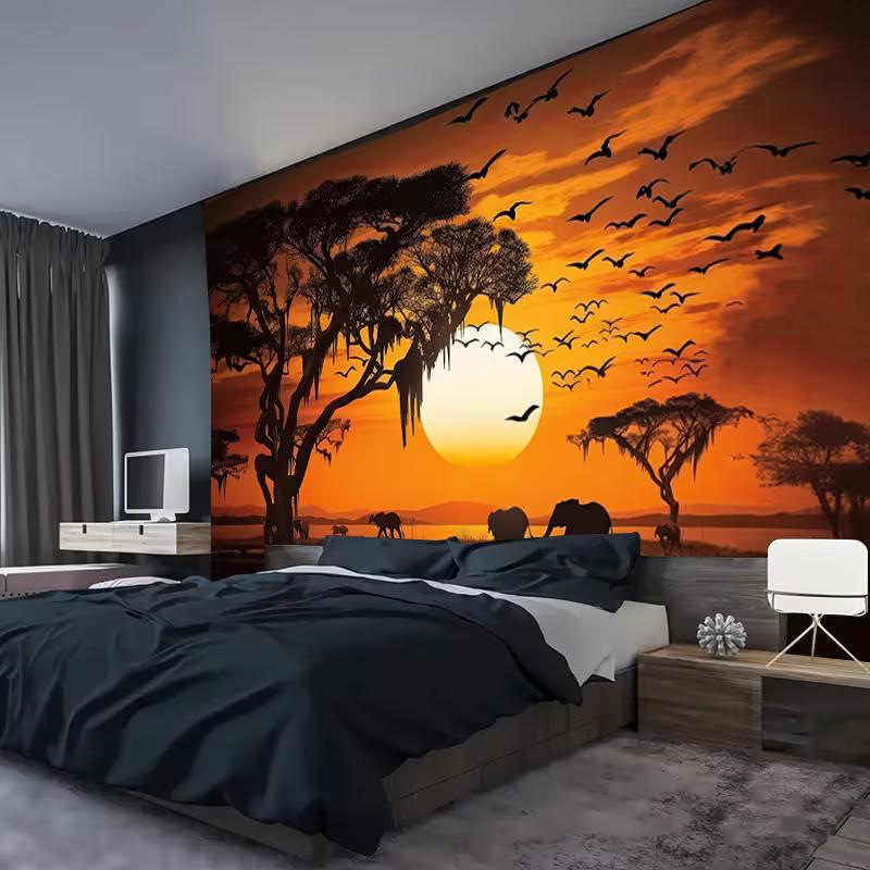 Retro African Safari Tapestry, Warm Sunset with Elephants and Water Landscape Wall Art for Party Backdrop