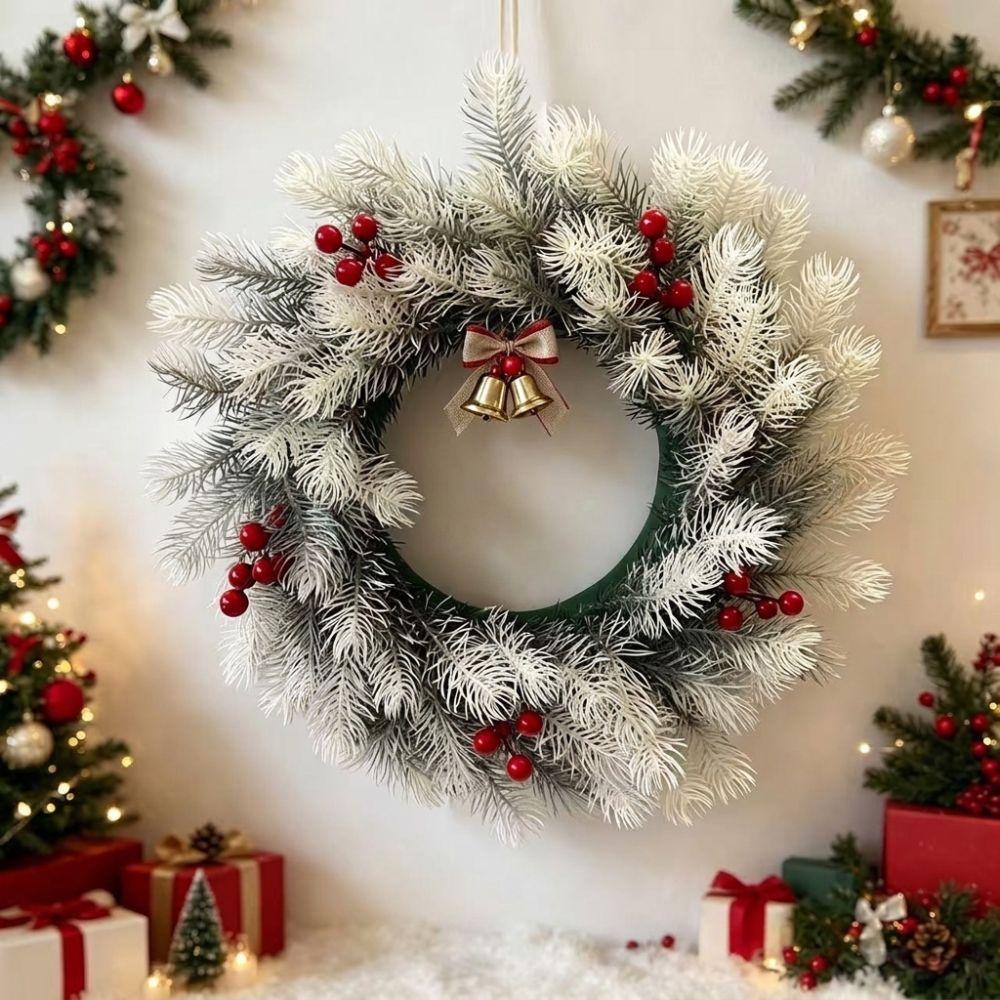 Snowy Christmas Pine Wreath Evergreen Plastic Artificial Pine Garland Red Berries Round Pine Needles Door Wreath Outdoor Indoor