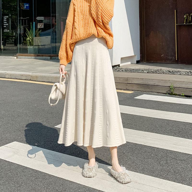 Knitted Midi Skirt for Women Autumn and Winter High Waisted Mid Length Knitted Skirt A-line Skirt