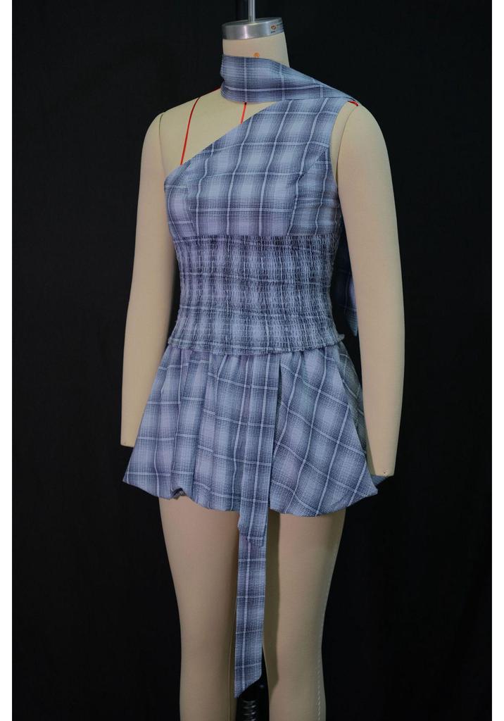 2026 Summer Off-Shoulder Halter Plaid Skirt Set - European & American Women's Fashion