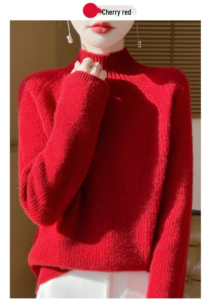 Autumn/Winter Women's High-Neck Wool Ribbed Knit Pullover