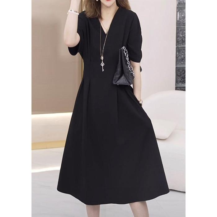 

European summer chic design waist pinched small temperament dress fat mm thin large size knee casual skirt M чёрный