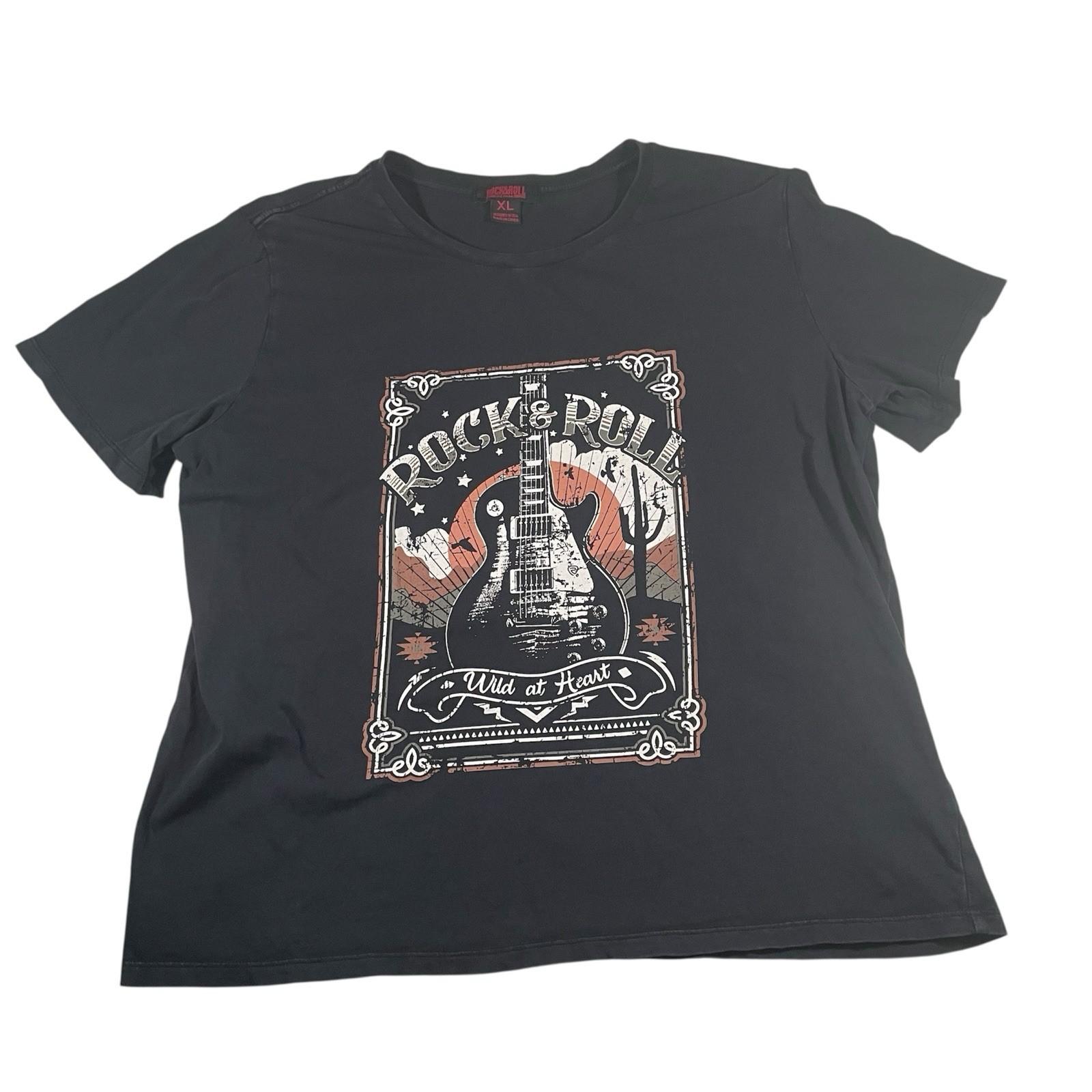 Rock And Roll Denim Womens T XL Wild At Heart Guitar Graphic Black Casual Unisex T-Shirt XXL