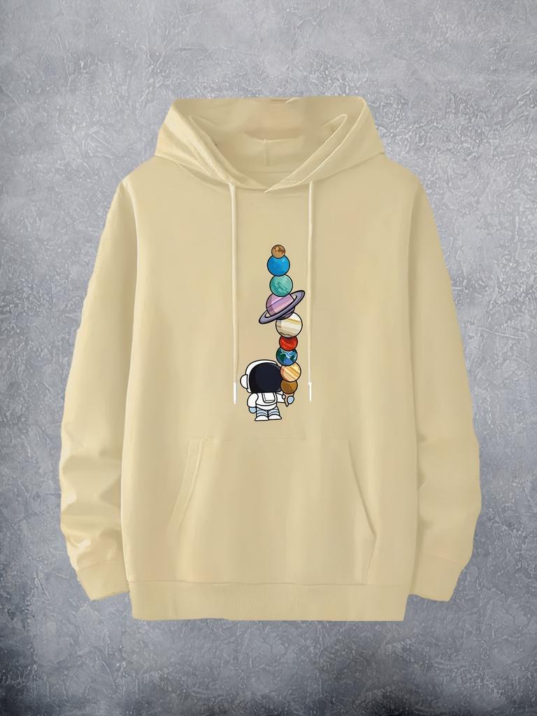 Men's  Hoodie with Cartoon Astronaut and Planets Print - Beige, Hip-Hop Style, Machine Washable, Hoodie Astronaut