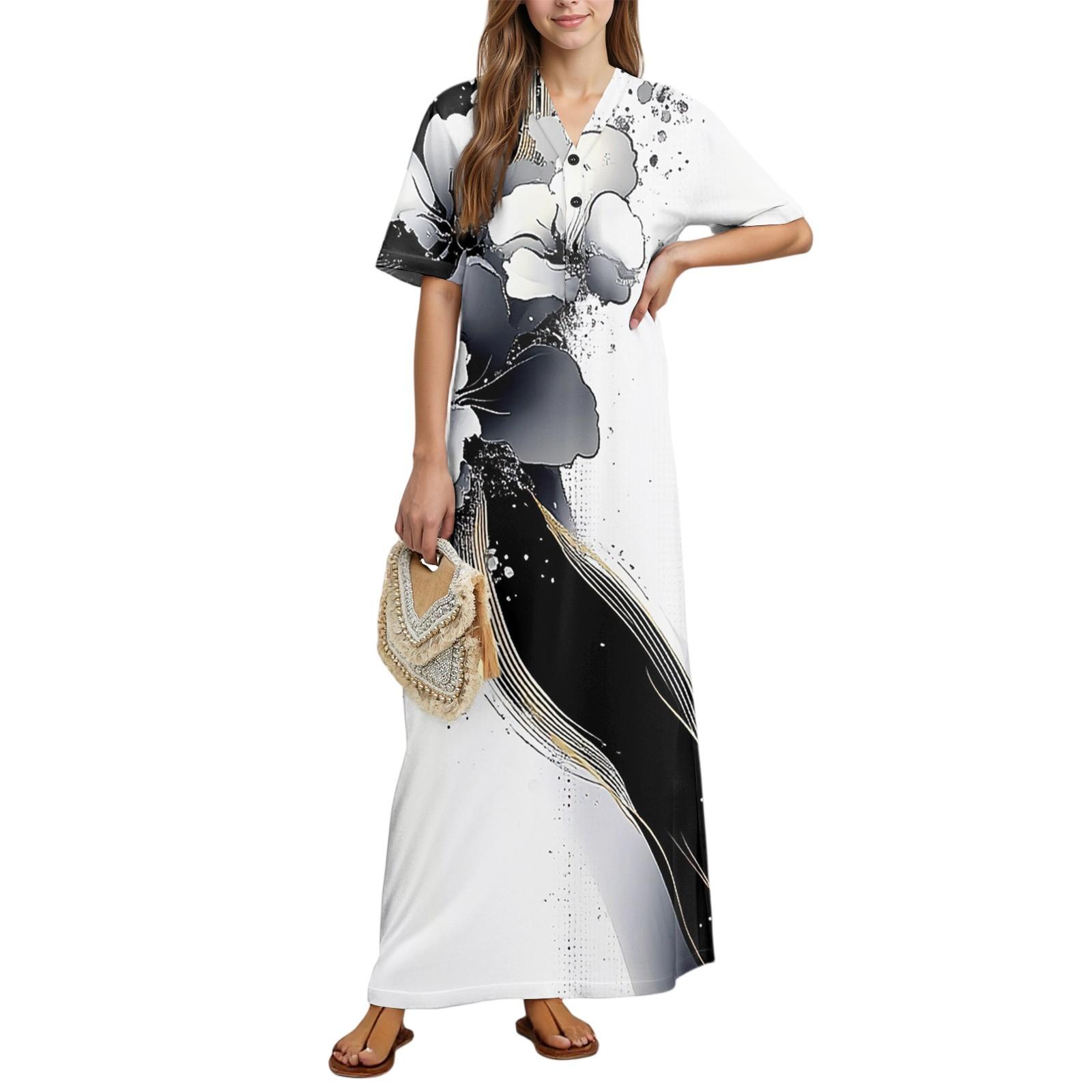 

Жіноча мода Принтована нічна сорочка Домашній одяг Нічна сорочка з коротким рукавом з кишенями Довга сукня XL білий