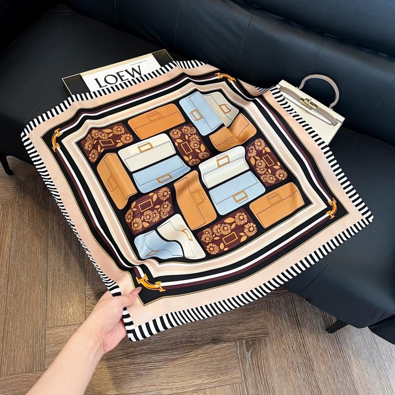 Silk scarf women's spring and autumn decoration versatile ins simple style striped square scarf streamer simulation silk fashion scarf scarf scarf