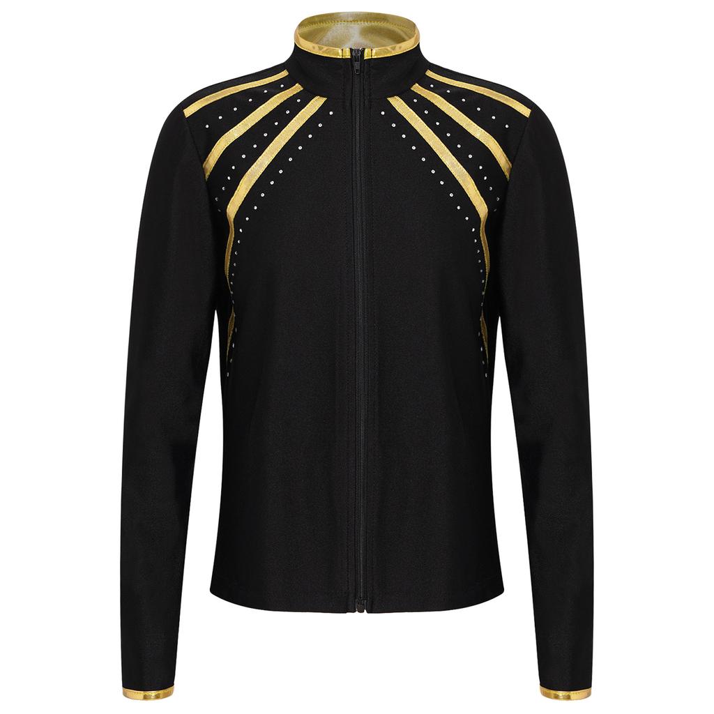 Sweat à capuche enfant scintillant avec strass et rayures métalliques, fermeture éclair, col montant, manches longues pour le patinage artistique, la gymnastique, l'entraînement