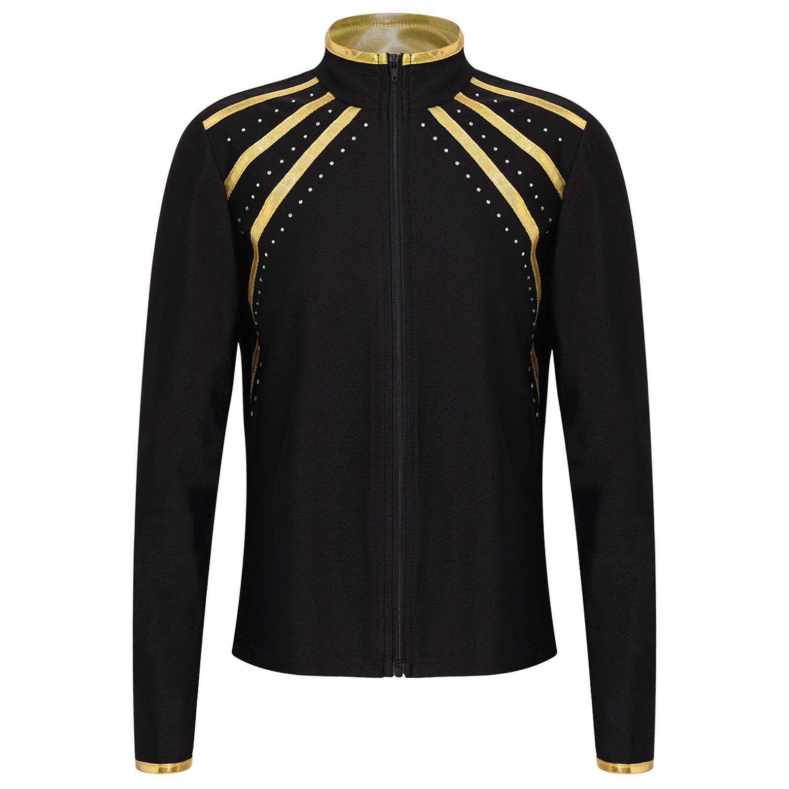 Kids Girls Shiny Rhinestones Metallic Striped Jacket Stand Collar Long Sleeve Zipper Sweatshirt for Figure Skating Gymnastics Workout 5-6 Years золотой 1090₽