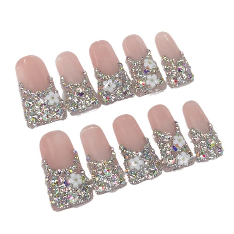 Long Duckbill Press-On Nails With Full Rhinestone Sparkle French Design Handmade Artificial Tips Women