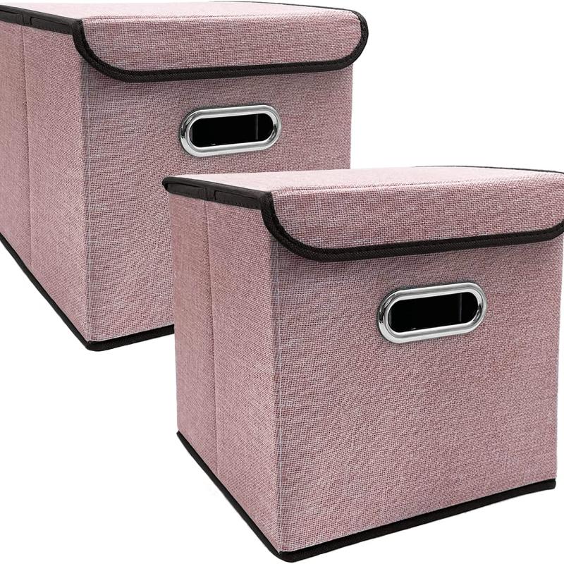 2 Pezzi Contenitori Pieghevoli con Coperchio 25*25cm Cestini Portaoggetti in Tessuto di Lino Lavabili Scatola Decorativa