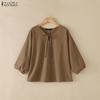ZANZEA Vintage Womens V Neck Tie Front Blouse with 3/4 Puff Sleeve Casual Loose Tunic Tops