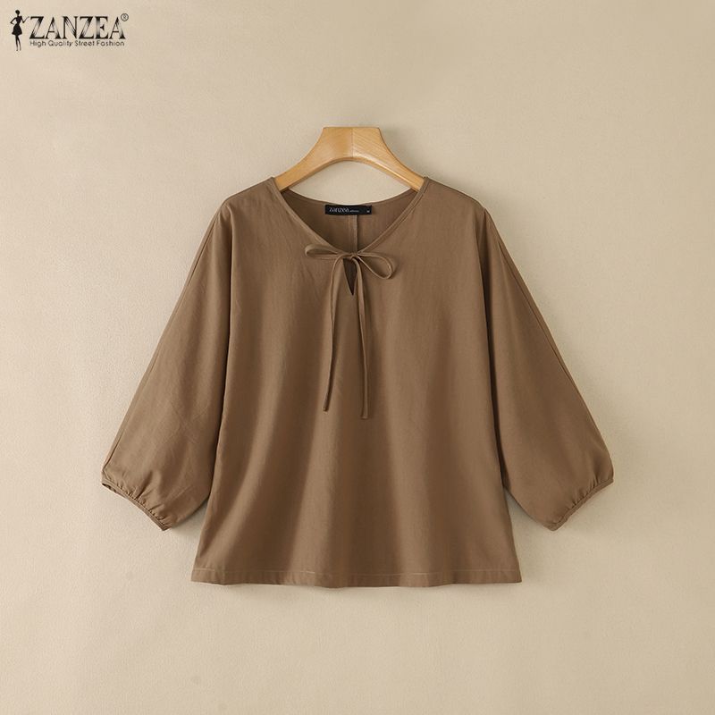 ZANZEA Vintage Womens V Neck Tie Front Blouse with 3/4 Puff Sleeve Casual Loose Tunic Tops