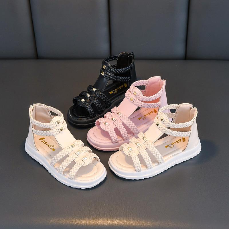 Girls Roman Sandals Open Toe Braided Solid Color High Top Rivets Summer Hollow Flat Casual Shoes Kids