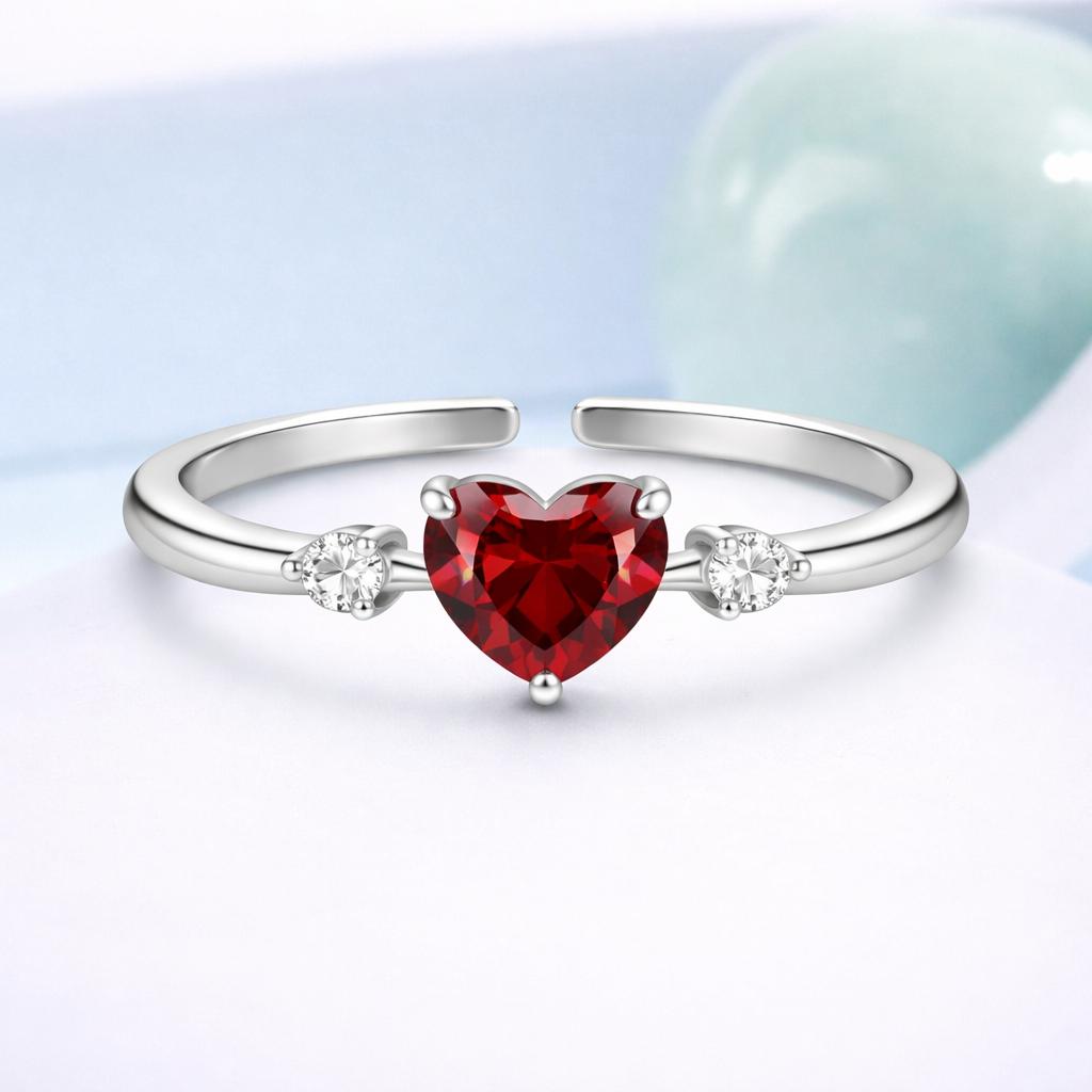 Heart Cut Red CZ Three-Stone Adjustable Ring – 925 Sterling Silver