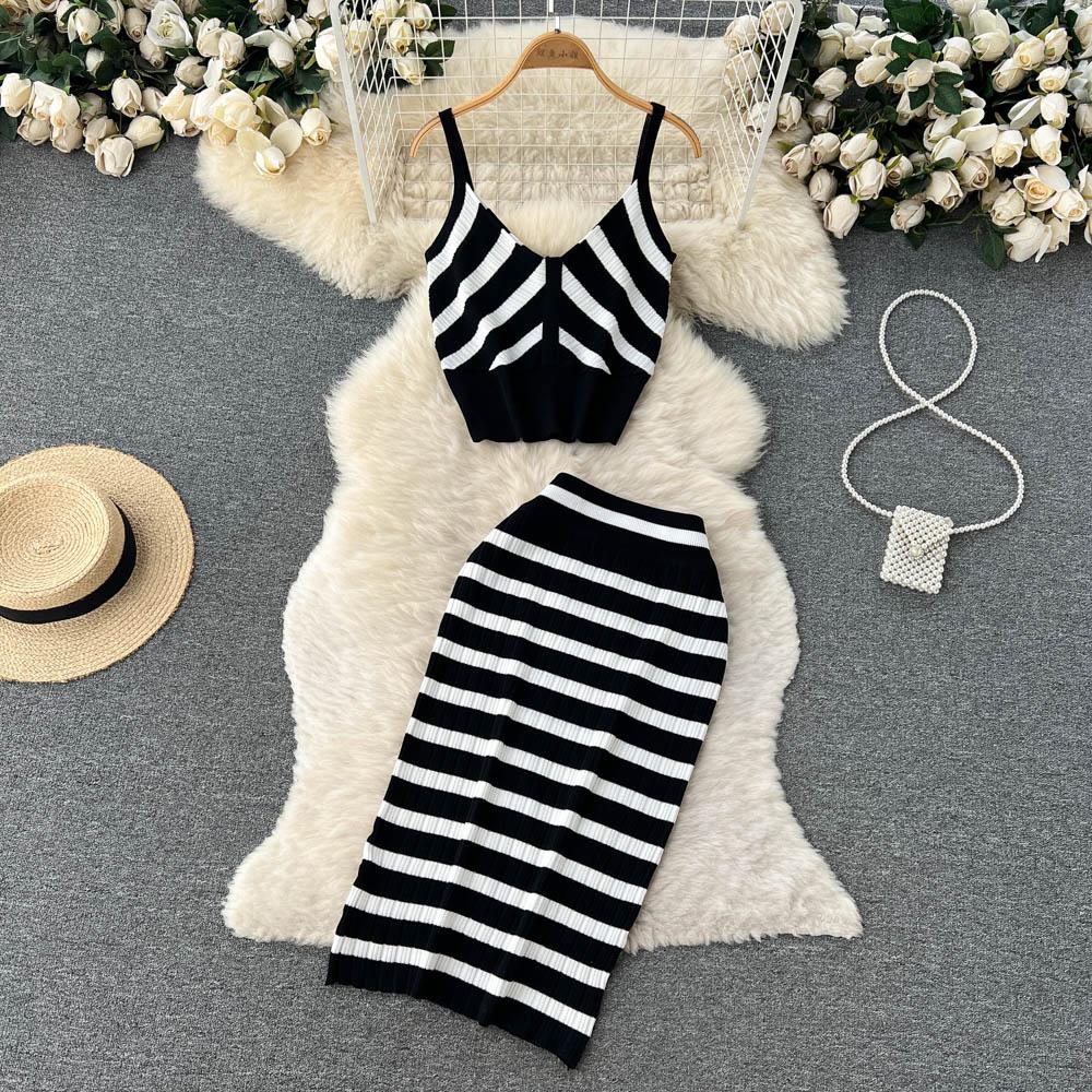 Top Small Camisole Two-Piece Suit Women's Summer Mid-Length High-Waist Knitted Skirt