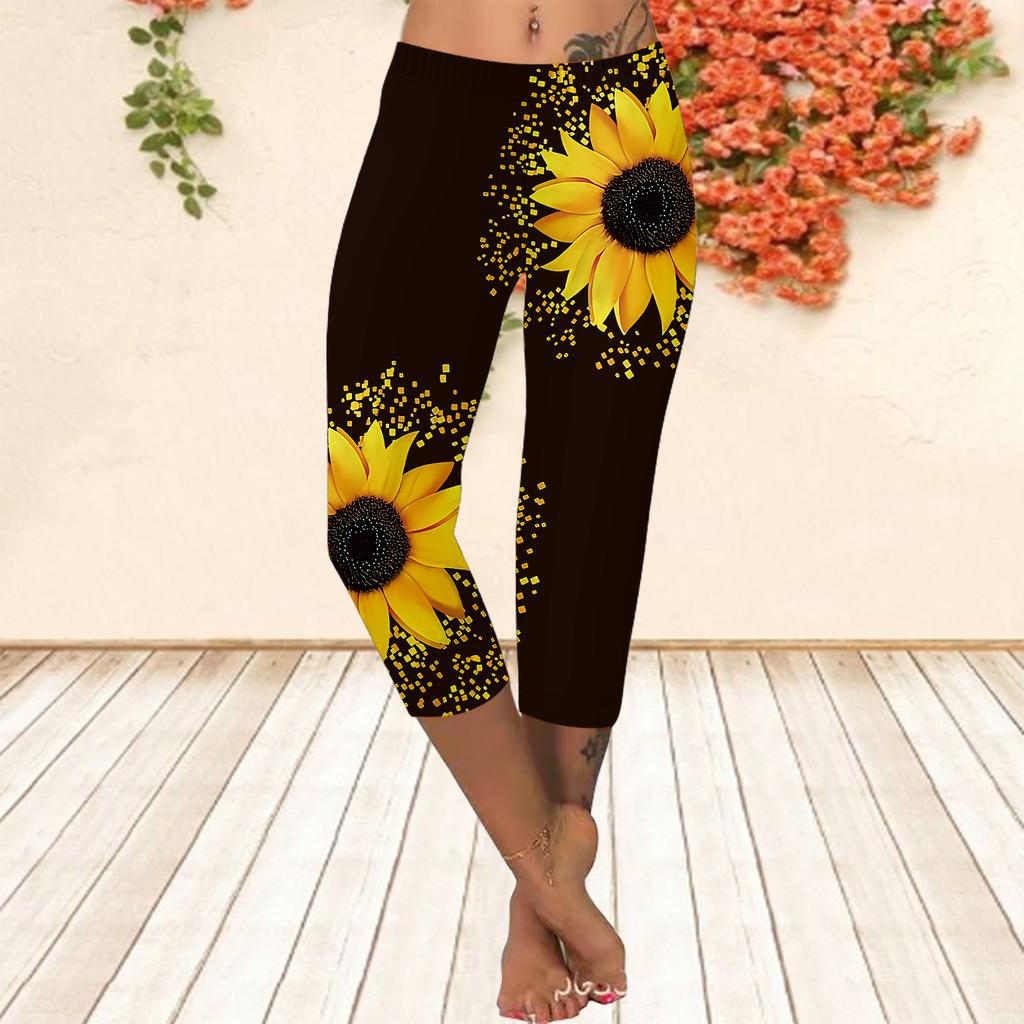 Lange Hosen, kurze Sommerleggings, kurze, enge Hosen, Übergrößen-Leggins, schmal geschnittene lange Hosen für Damen mit 3D-Sonnenblumen-Aufdruck