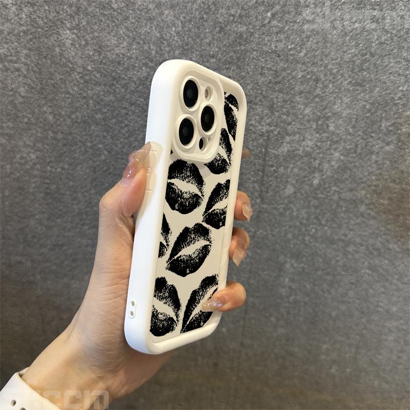 Custodia per Telefono in Morbido Silicone con Stampa Bacio Labbra Nere e Rosse per iPhone 16 Pro Max 15 14 Plus 11 12 13 7 8 Plus X XS XR 16E Cover