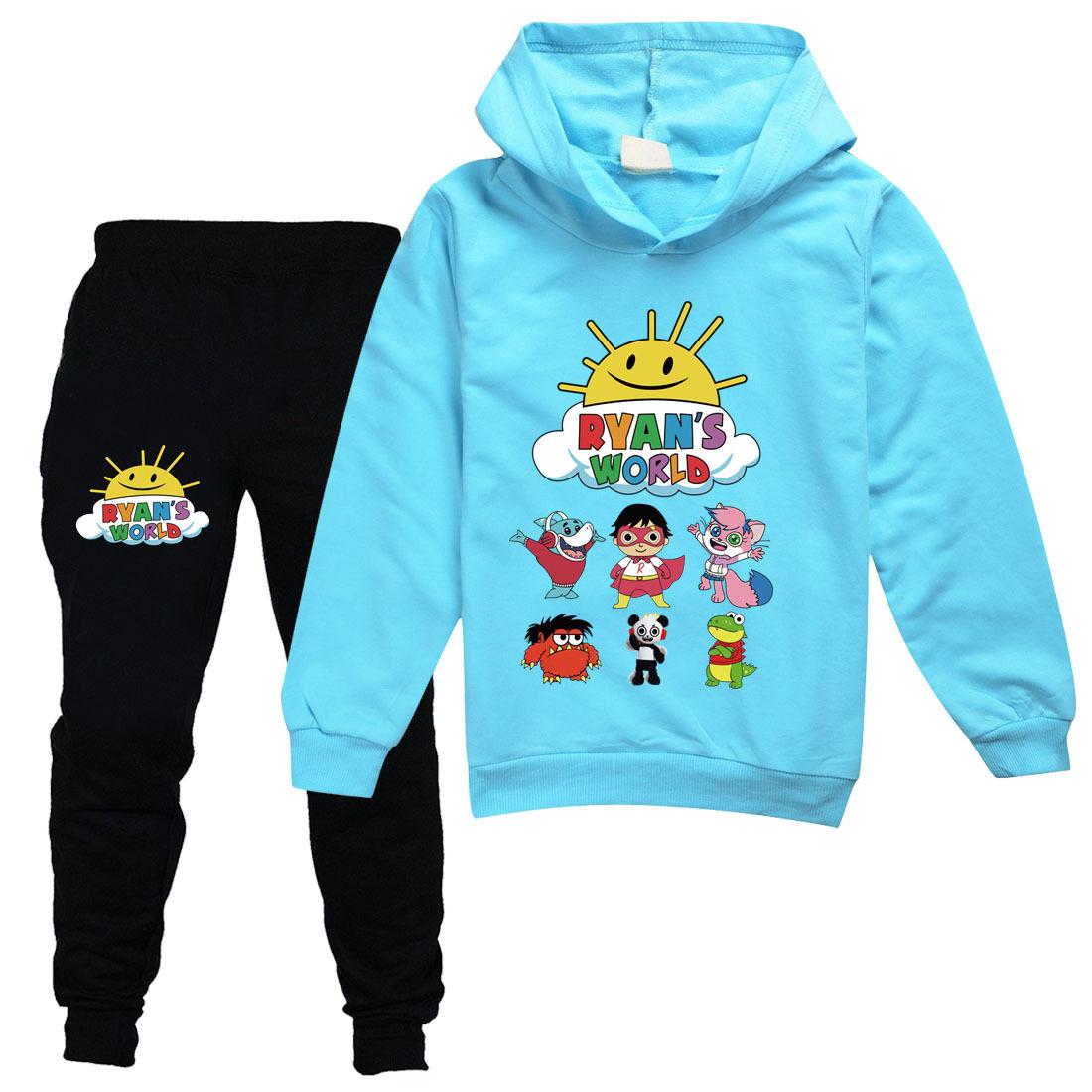 Módne detské súpravy s kapucňou Ryan Toys Review Potlačená mikina s kapucňou + Tepláky 2-dielna súprava Ležérny pulóverový oblek Mikiny a Joggingové nohavice 110 svetlo modrá farba
